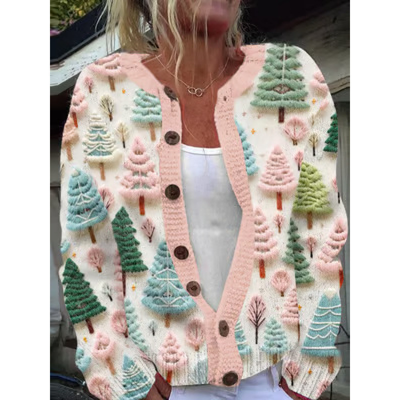 Women's Snowman & Tree Print Button Cardigan Sweater