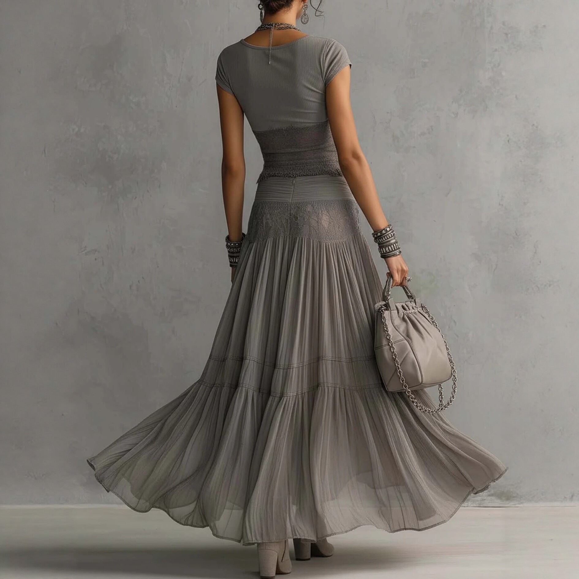 Gray Knit Top and Chiffon Maxi Skirt Two-Piece Set