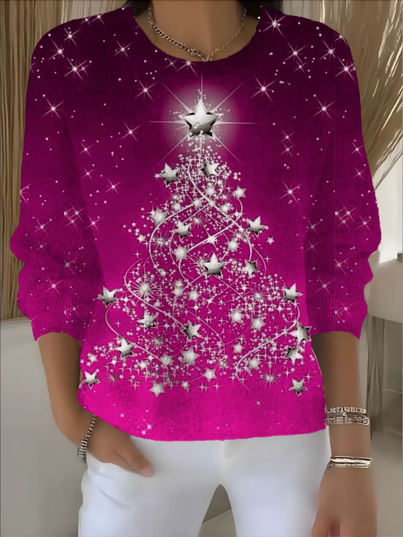 Christmas Star Tree Print Crewneck Long Sleeve Pullover Sweatshirt