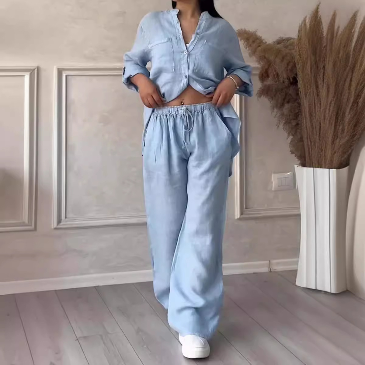 Women's Solid Color Single-Breasted Long-Sleeve Shirt and Wide-Leg Tie Pants Two-Piece Set