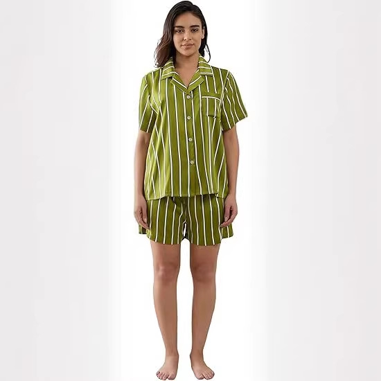 Women's Cuban Collar Satin Striped Print Short Sleeve Shirt Set