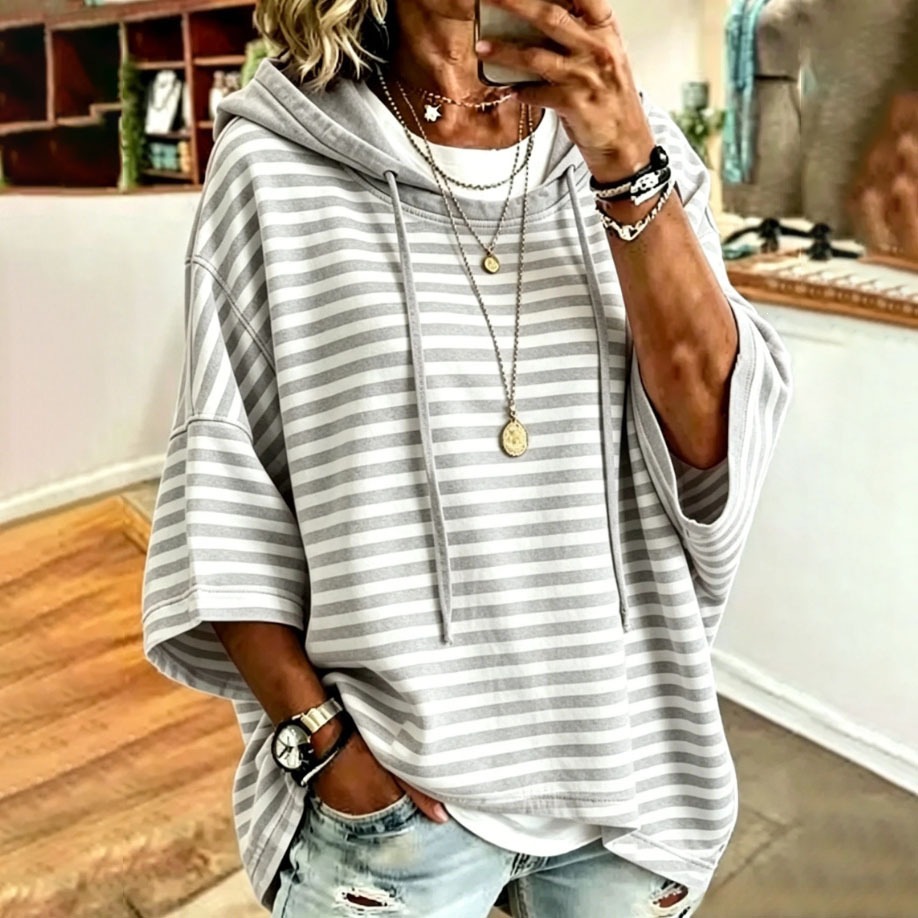 Women's Striped Hooded Pullover Sweatshirt with 3/4 Sleeves