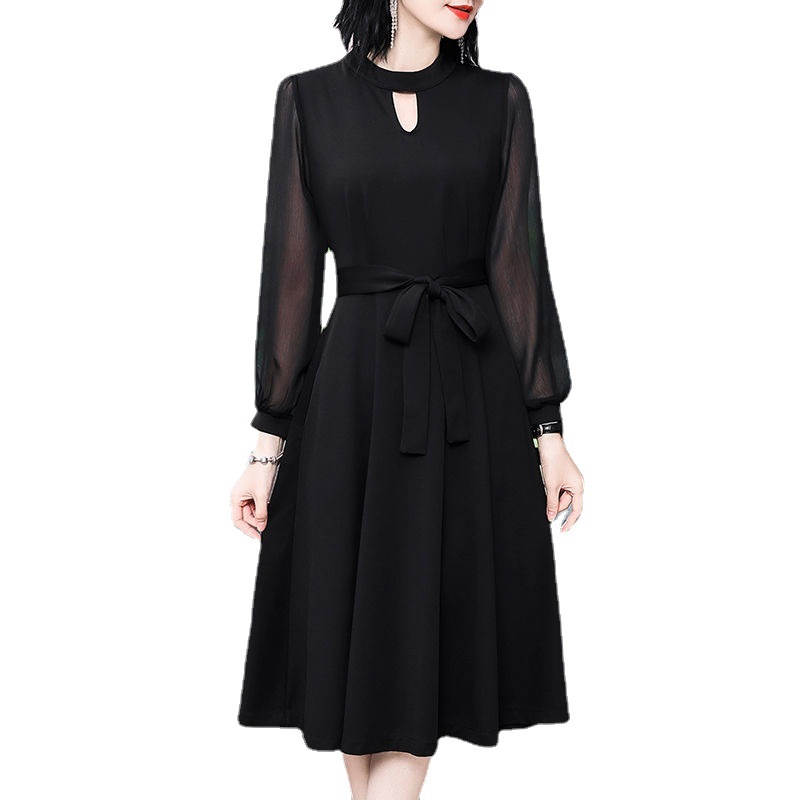 Long Sleeve Slim Fit Black A-Line Midi Dress
