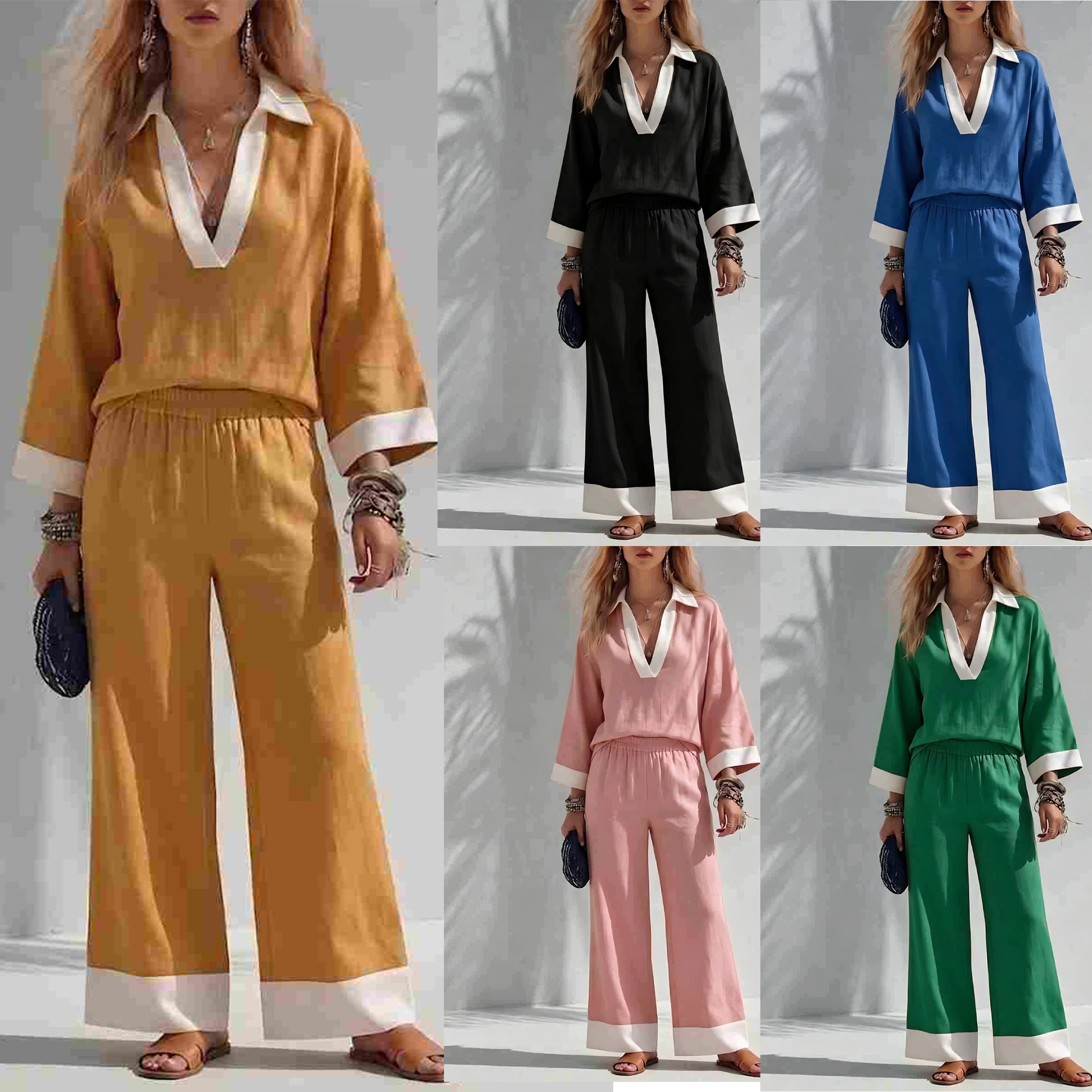 Women's V-Neck Long-Sleeve Top and Wide-Leg Pants Set