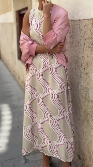 Women's Printed Two-Piece Dress Set with Cape, Round Neck A-Line Midi