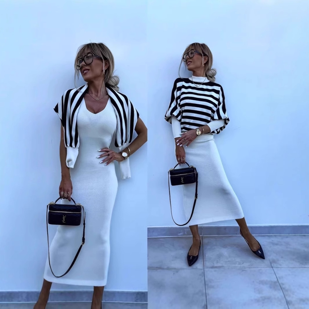 Striped Long-Sleeve Knit Two-Piece Dress Set