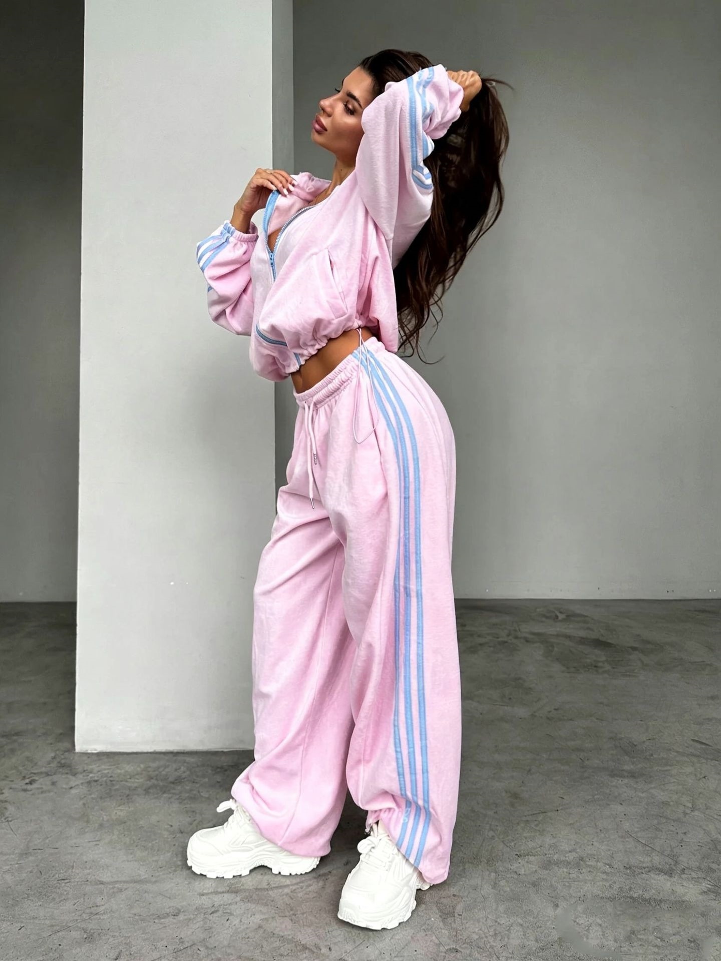 Velvet Colorblock Three-Stripe Track Suit Women's Stand Collar Zip Jacket High-Waist Drawstring Wide-Leg Pants