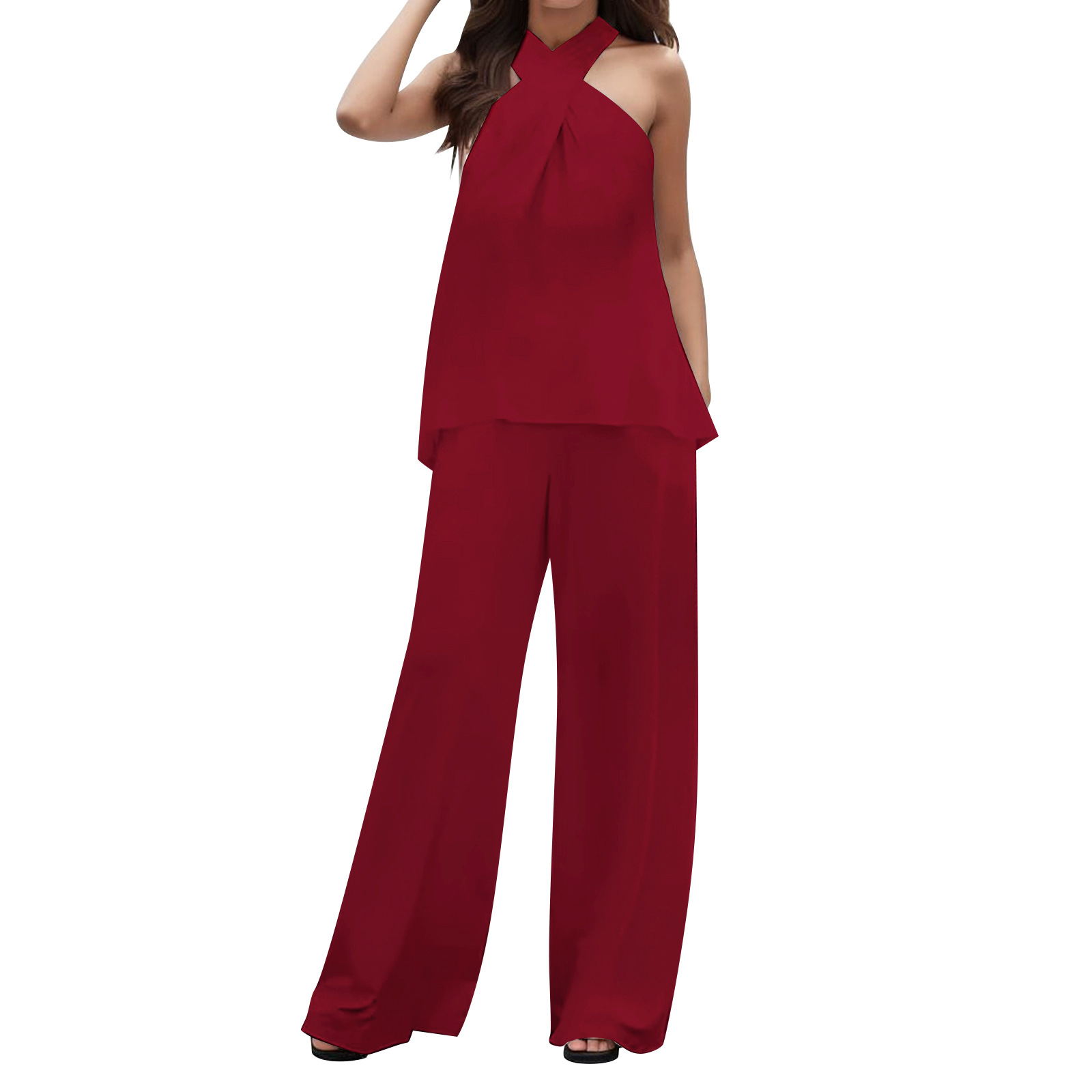 Women's Solid Color Halter V-Neck Sleeveless Top and Wide-Leg Pants Set