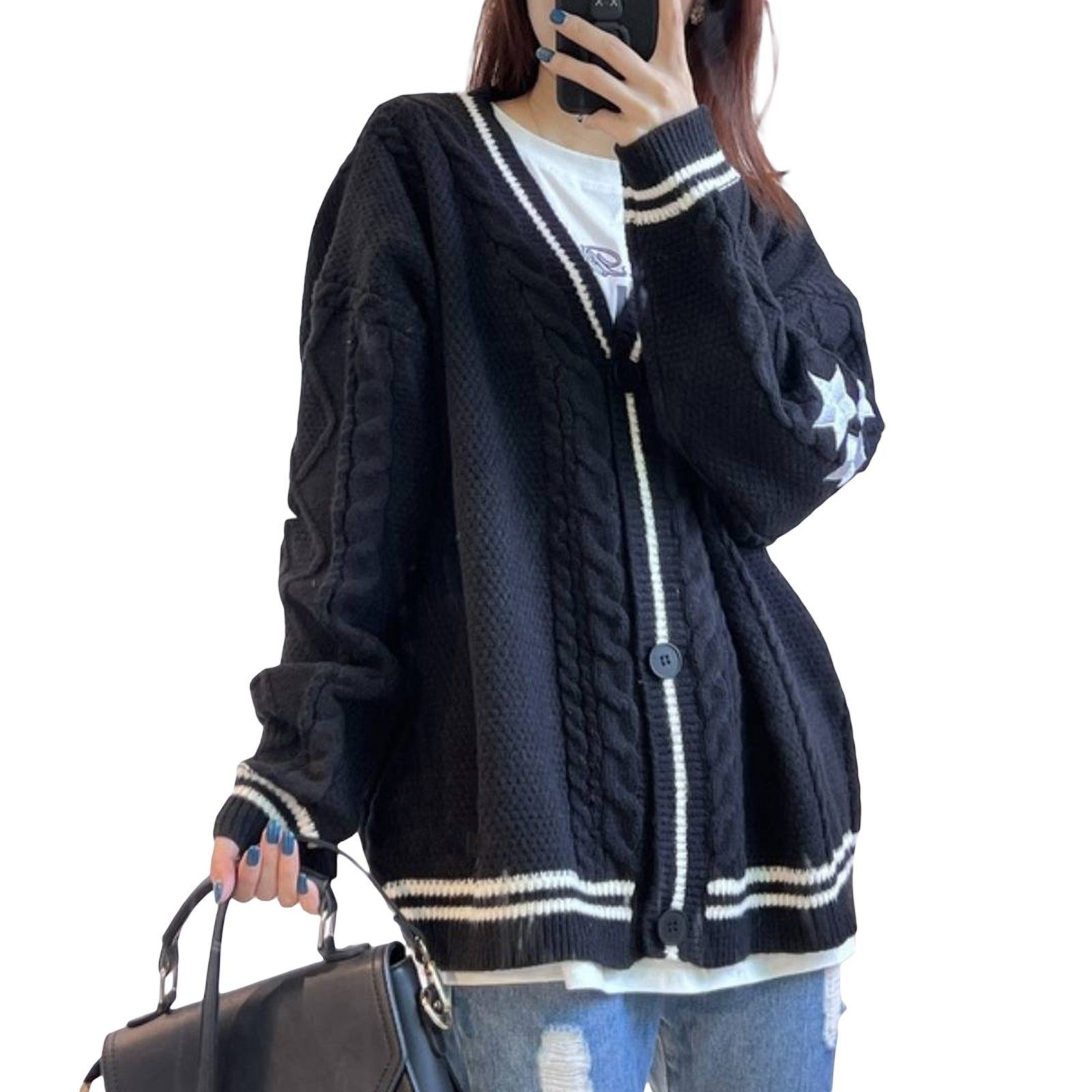 V-Neck Star Embroidered Button-Front Loose Knit Cardigan Sweater