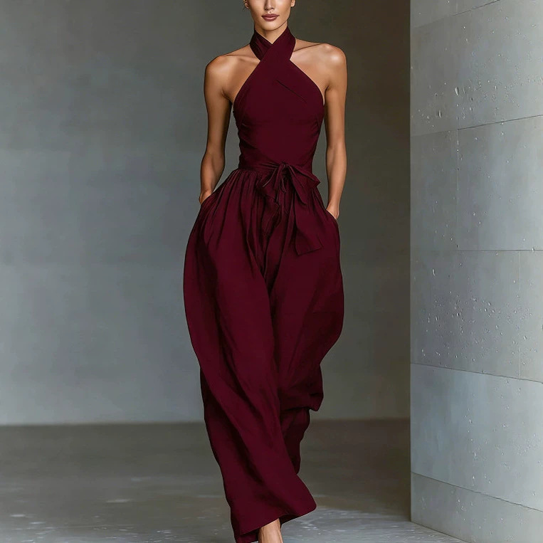 Women's Linen Sleeveless Halter Cross-Tie Wide-Leg Jumpsuit