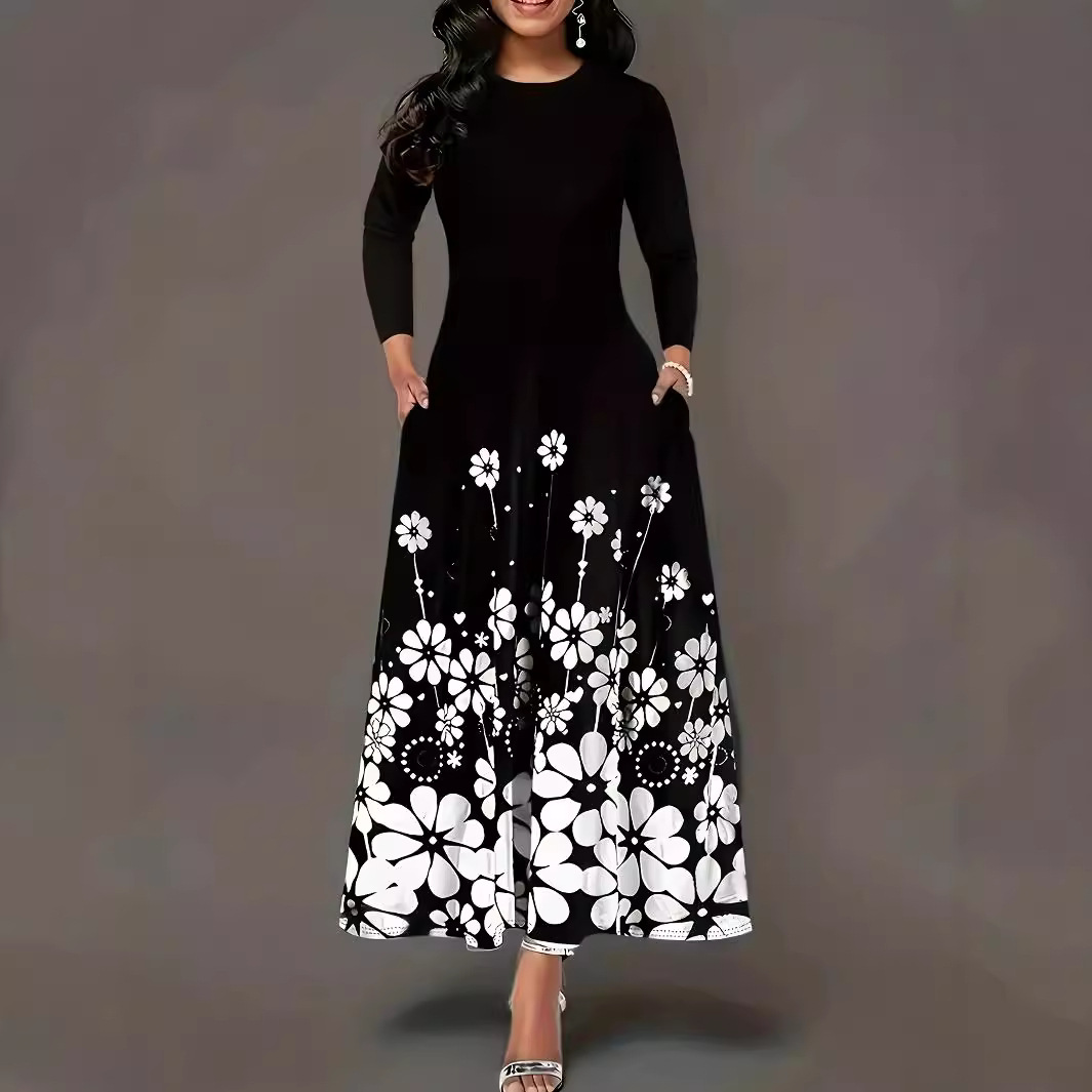 Women's Long Sleeve Printed Loose Round Neck Pleated Midi Dress