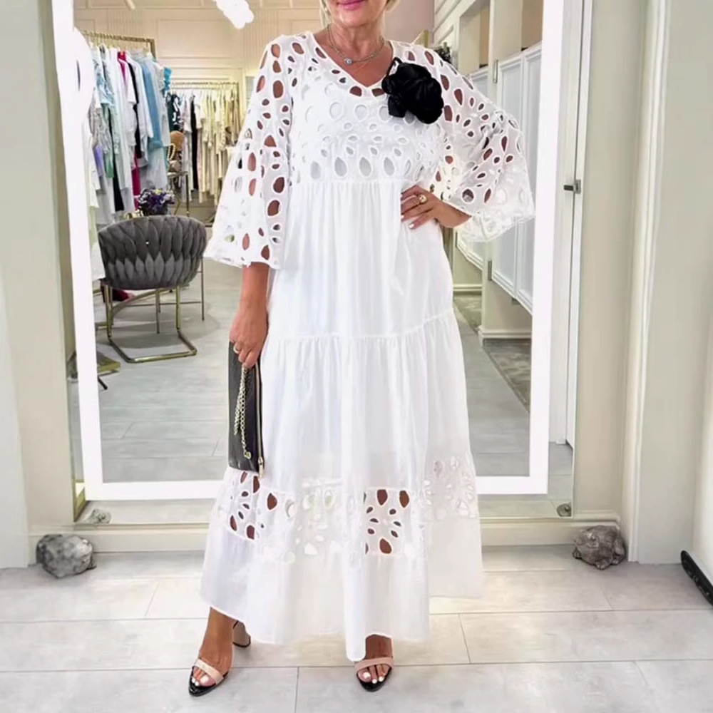 Women's V-Neck Lace Cutout Long Dress