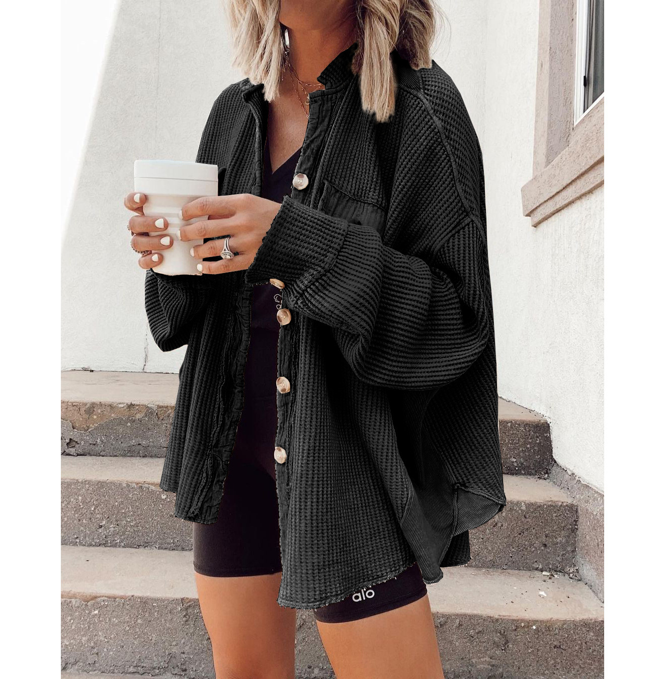 Waffle Knit Patchwork Button-Front Shirt Jacket with Pockets, Loose Fit, Multiple Colors