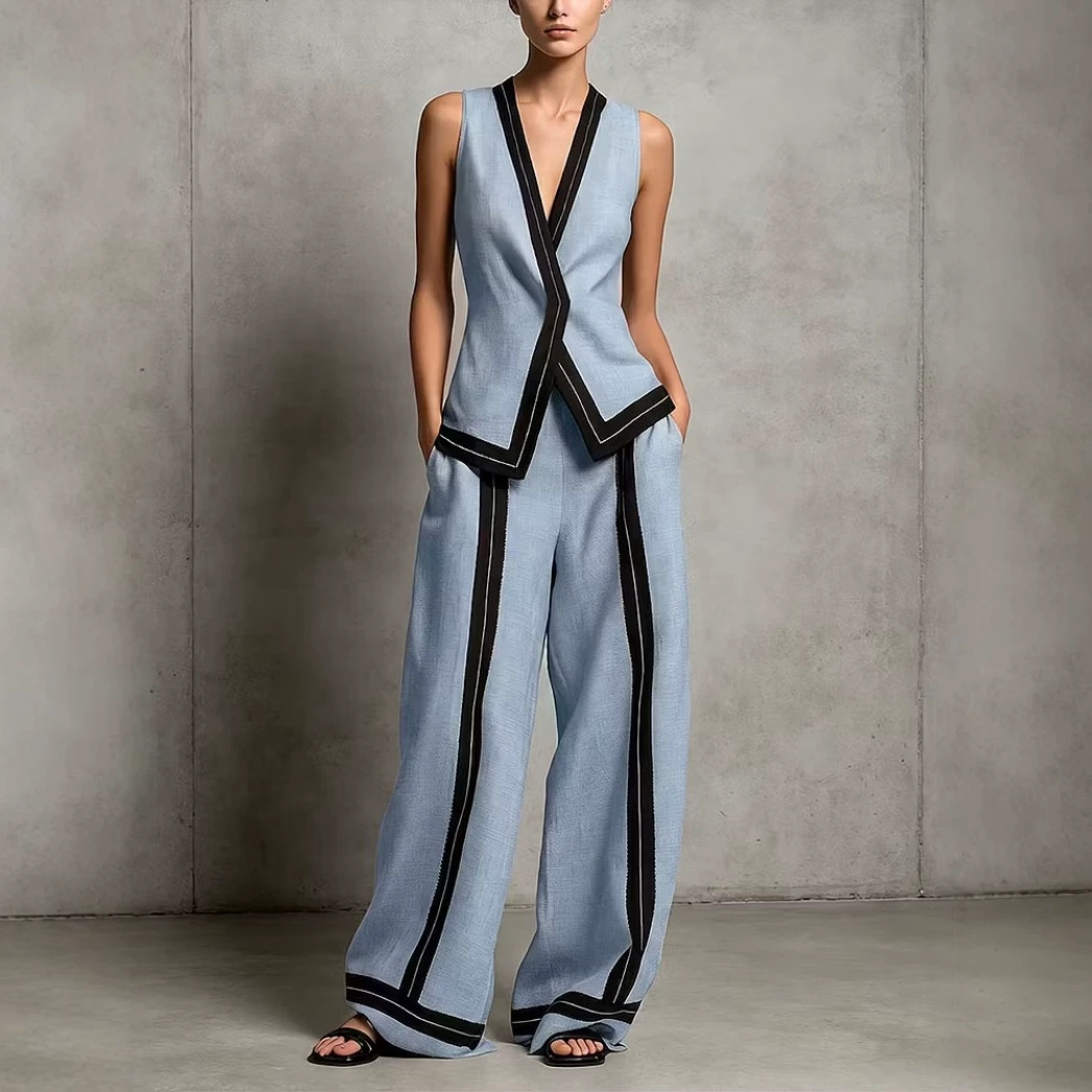 Women's V-Neck Sleeveless Top and High-Waist Wide-Leg Pants Set