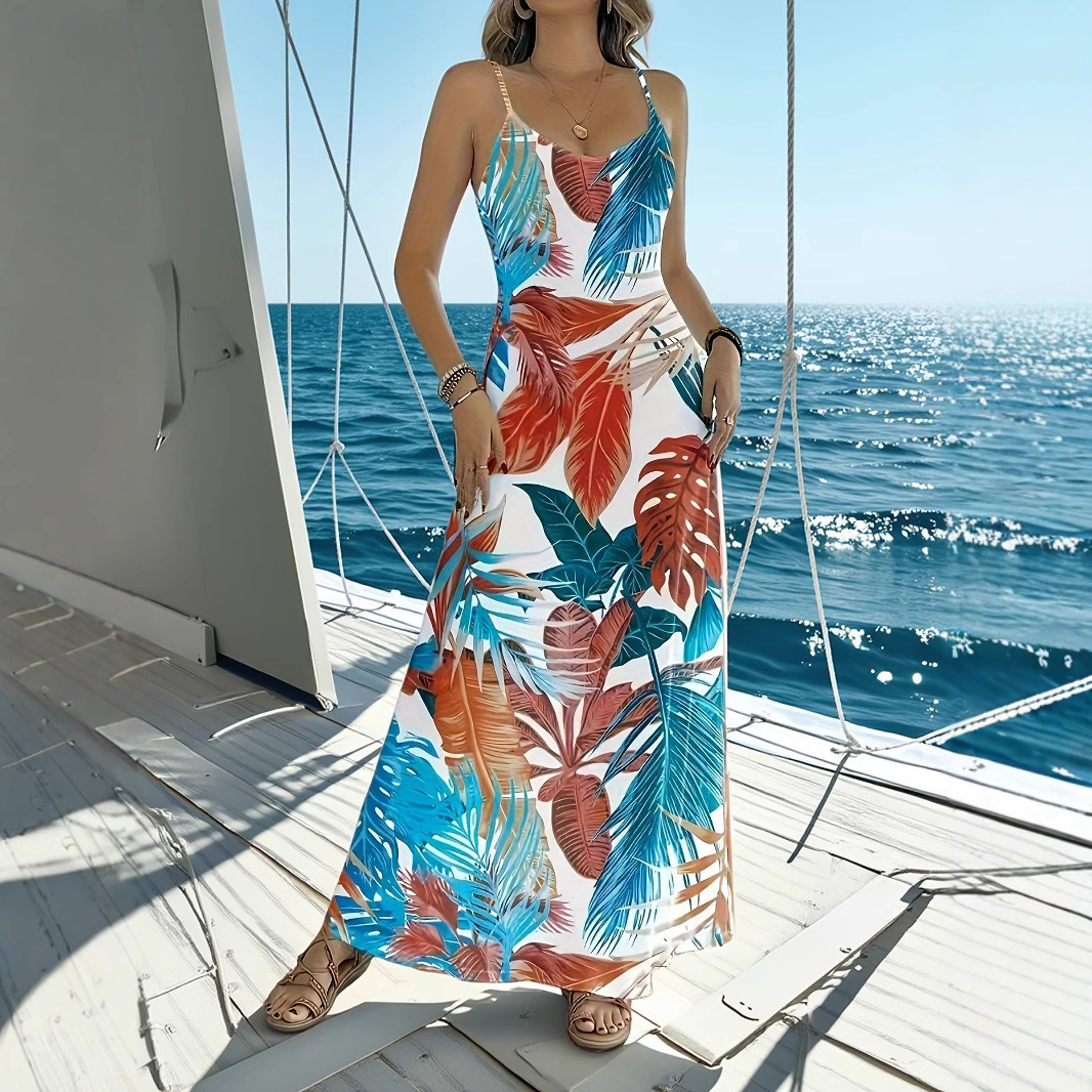 Women's Summer Beach Vacation Sleeveless Printed Maxi Dress
