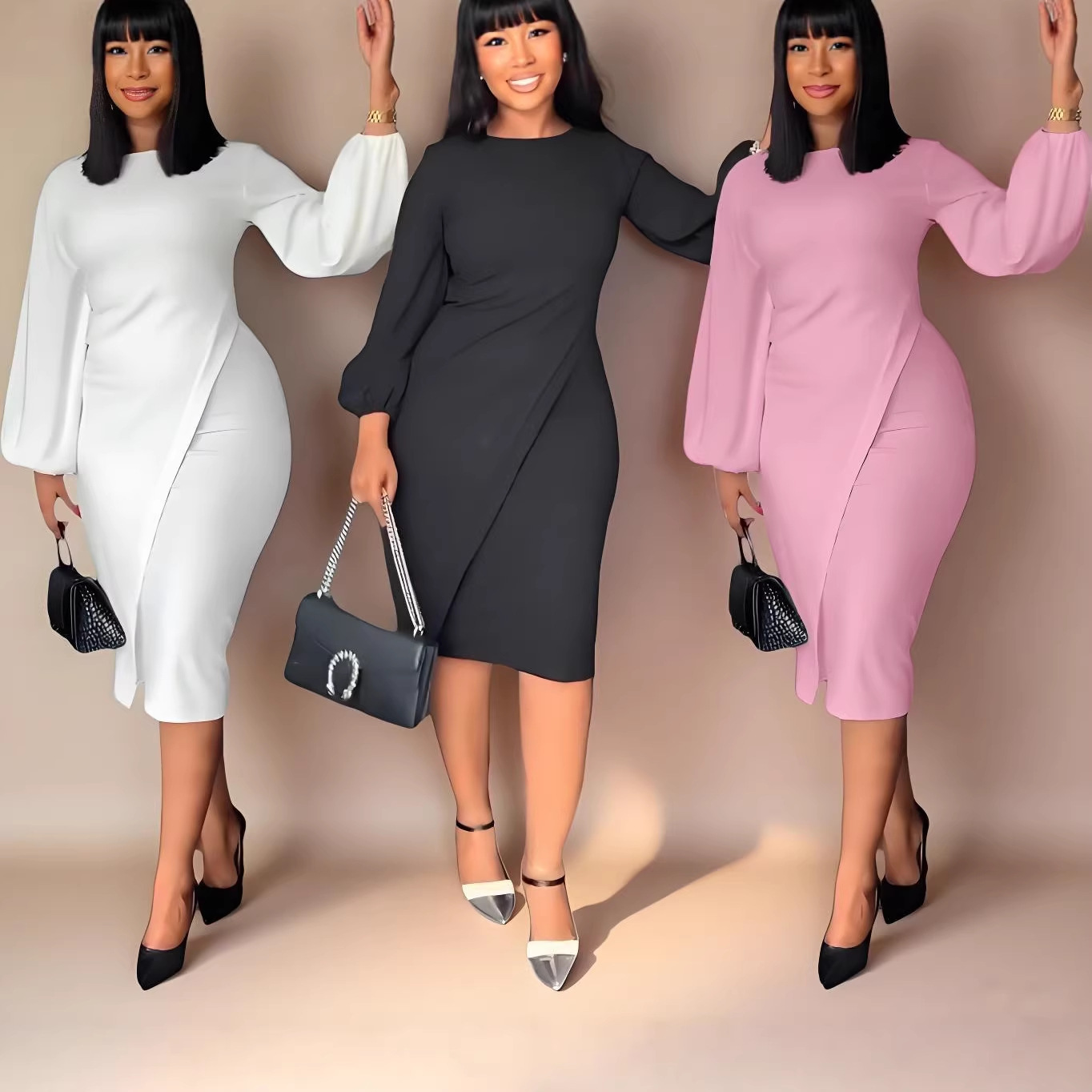 Women's Lantern Sleeve Bodycon Midi Dress