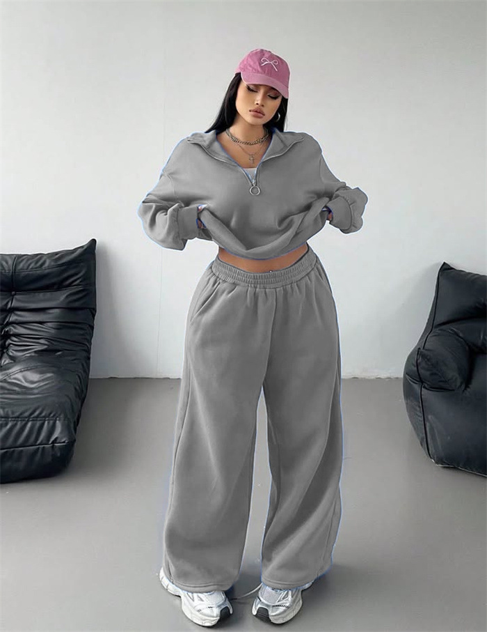 Women's Half-Button Pullover Hoodie and Pants Two-Piece Set