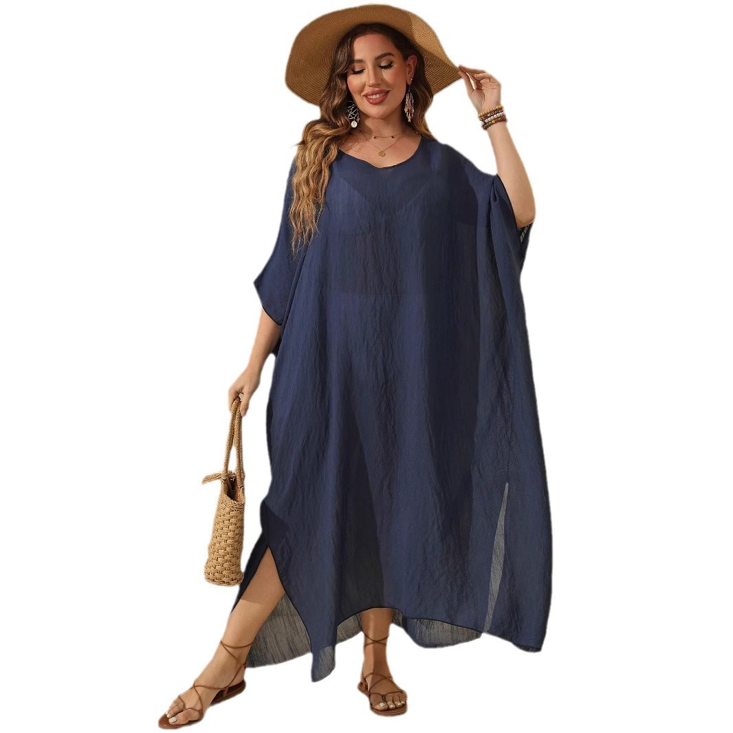 Women's Plus Size Solid Color Loose V-Neck Sleeveless Slit Maxi Dress Beach Cover-Up