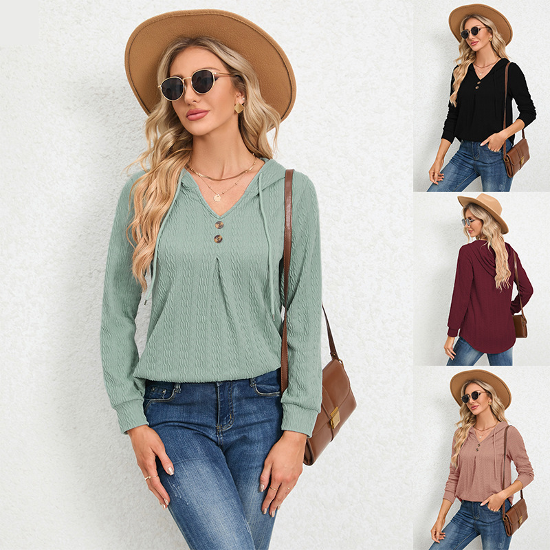 V-Neck Loose Long-Sleeve Hooded Sweatshirt for Women