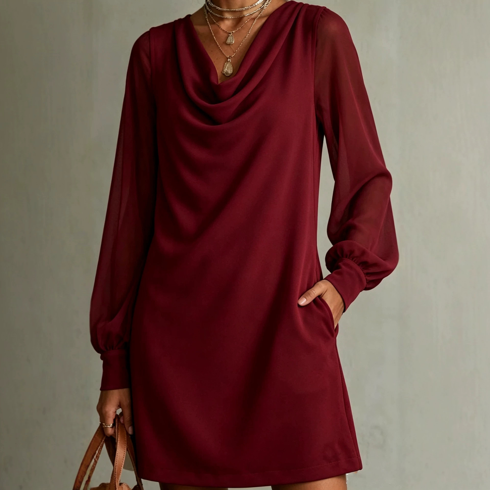 Women's Cowl Neck Sheer Mesh Long Sleeve Dress with Pockets