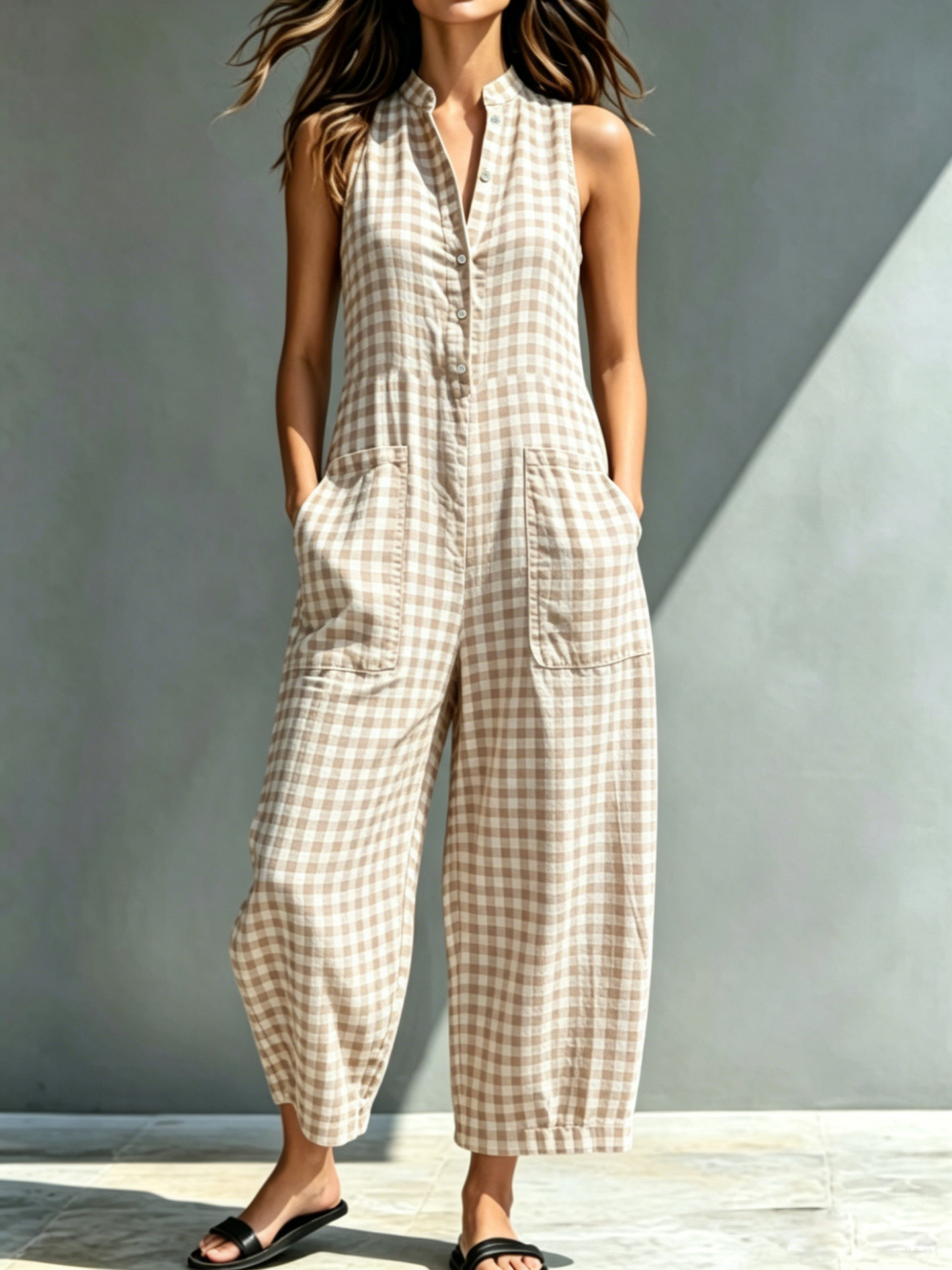 Women's Sleeveless Stand Collar Pocket Jumpsuit