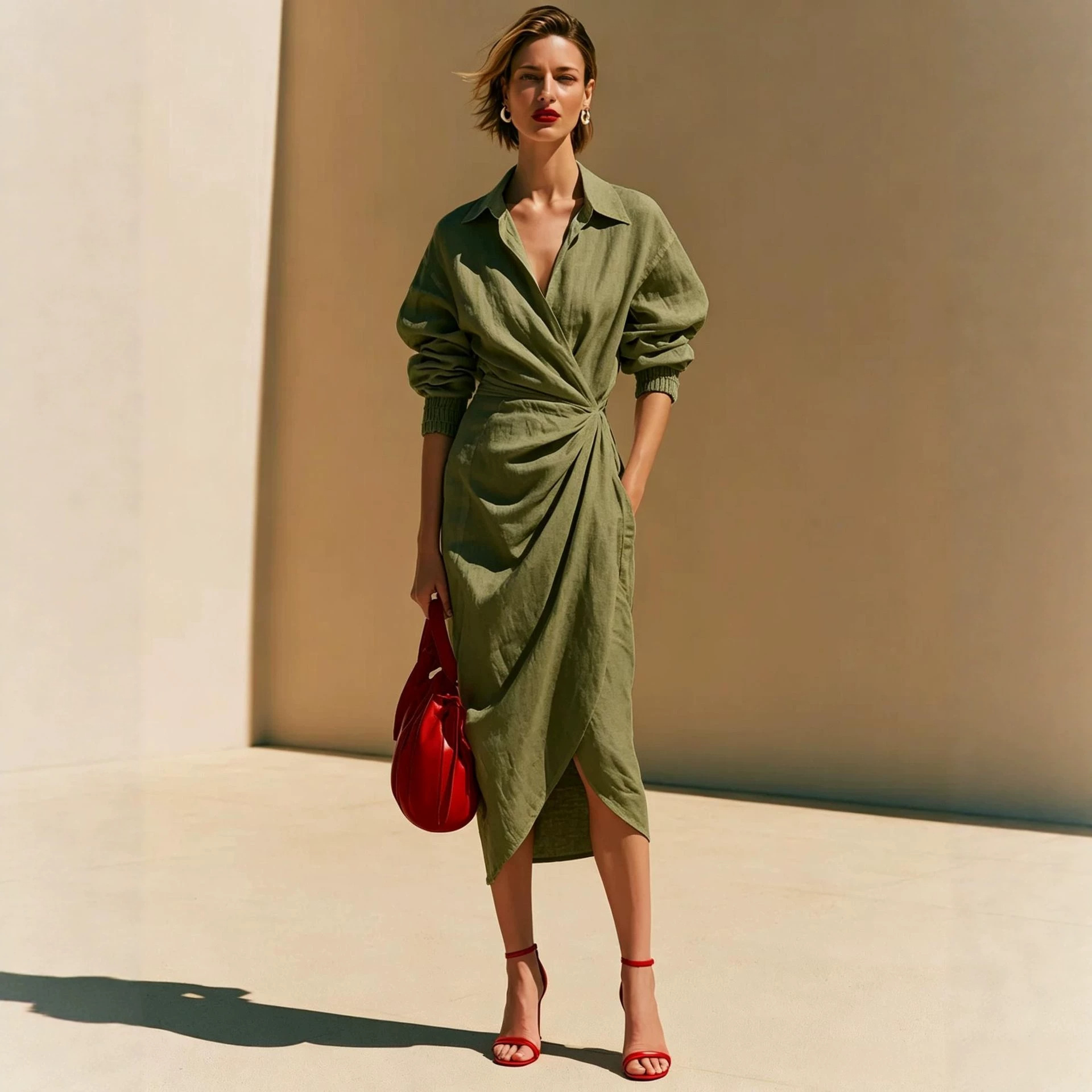 Elegant Solid V-Neck Long Sleeve Wrap Midi Dress with Ruffle Asymmetric Hem