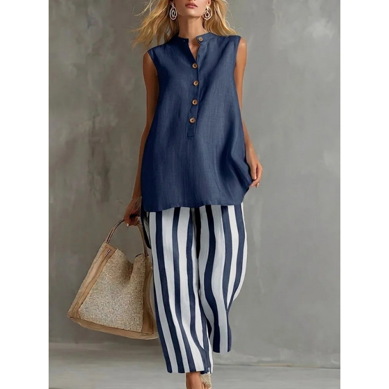 Women's Sleeveless Shirt and Striped Wide-Leg Pants Two-Piece Set