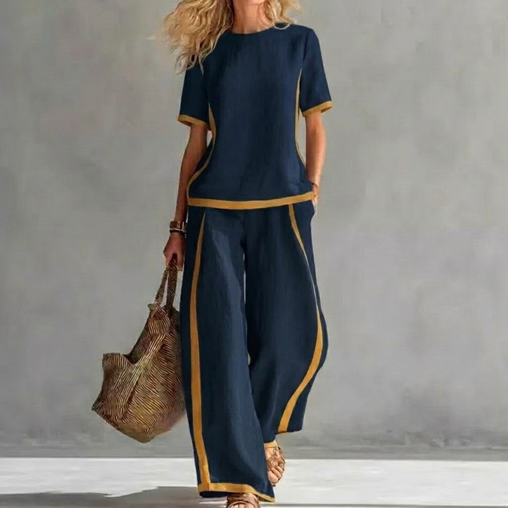 Women's Color-Block Short Sleeve Tee & Wide-Leg Pants Two-Piece Set