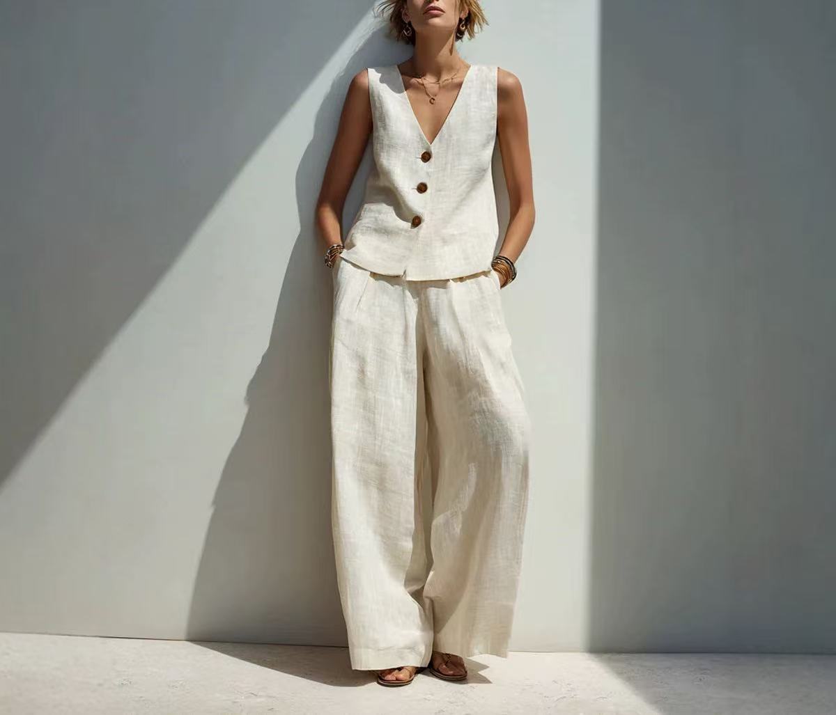 Linen-Blend V-Neck Button Tank Top & High-Waist Wide-Leg Pants Set