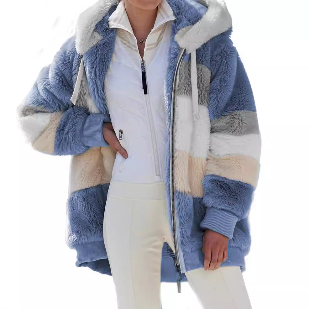 Oversized Fuzzy Fleece Colorblock Zip Hooded Coat