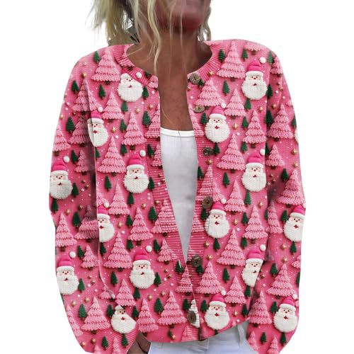 Women's Christmas Cardigan with Cartoon Star Santa Print and Buttons