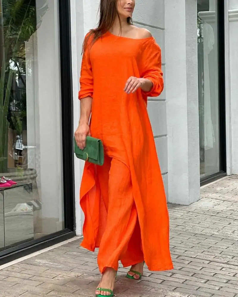 Women's Cotton-Linen Asymmetric Long-Sleeve Wide-Leg Two-Piece Set