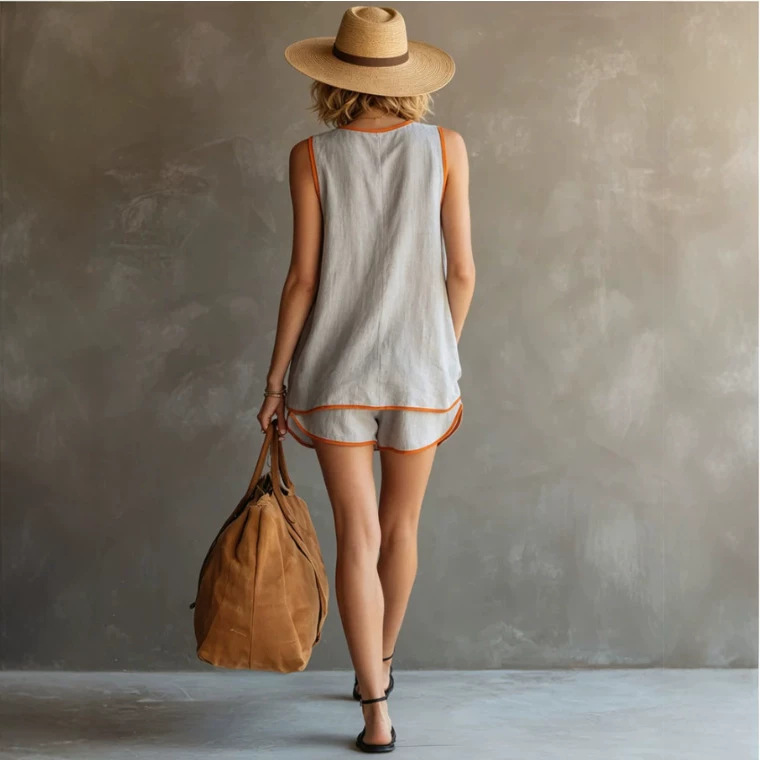 Women's V-Neck Colorblock T-Shirt & Shorts Set Casual Loose Fit