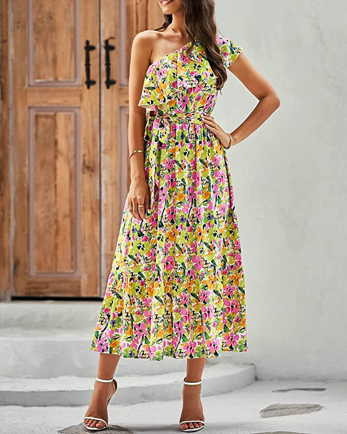 Women's One-Shoulder Sleeveless Boho Floral Print A-Line Maxi Dress