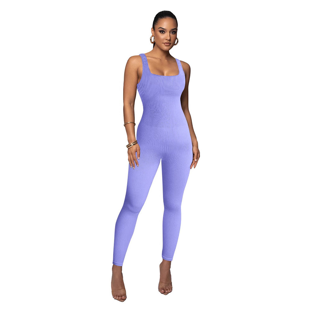 Sexy Sleeveless Square Neck Ribbed Yoga Bodysuit Tummy Control Butt Lifting