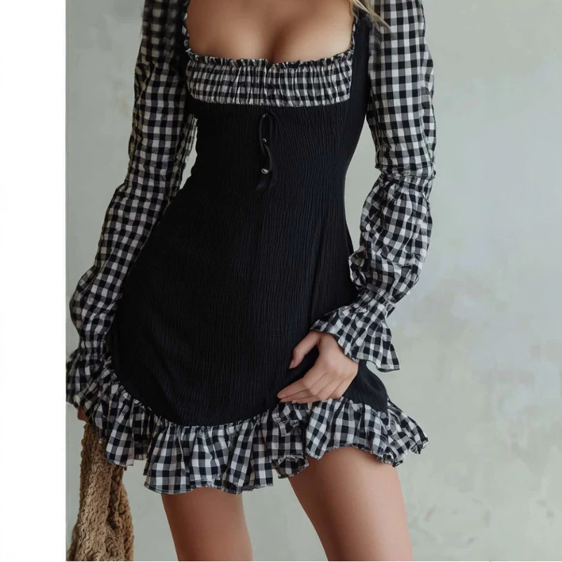 Plaid Ruffle Trim Fitted Mini Dress