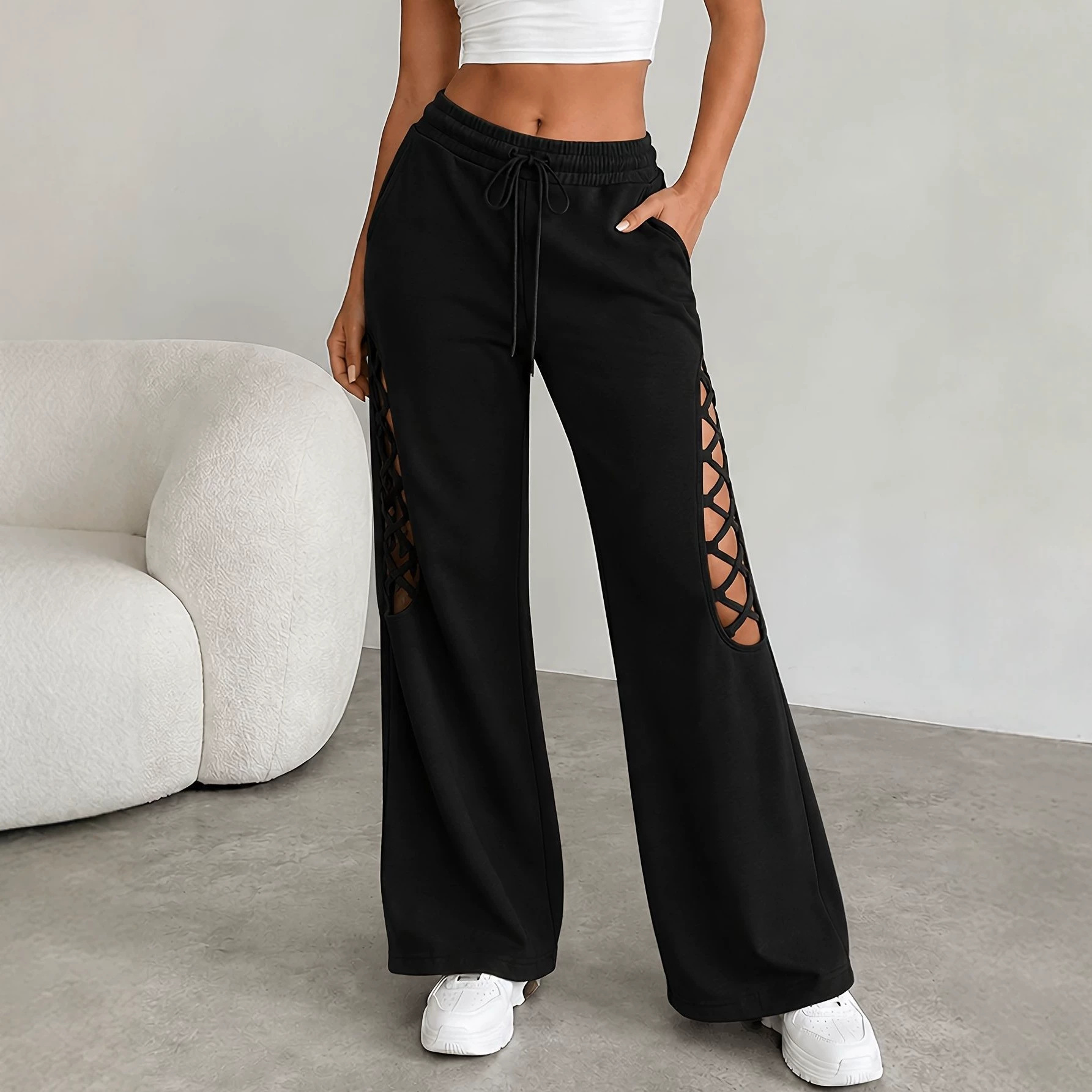 Women's Elastic Waist Wide-Leg Pants with Cutout Splicing, Loose Casual Vacation Trousers