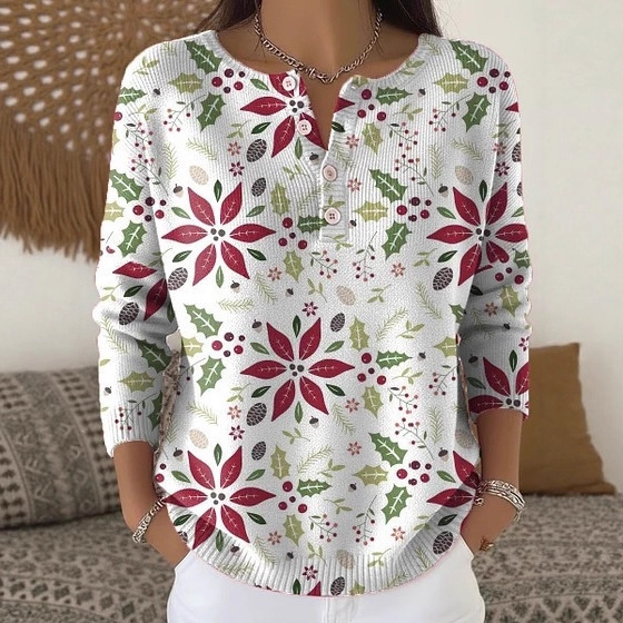 Women's Christmas Floral Print Buttoned Sweatshirt