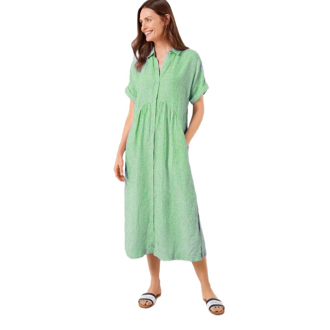 Striped Short Sleeve Shirt Dress Women's Loose Plus Size Cotton Linen Midi Dress