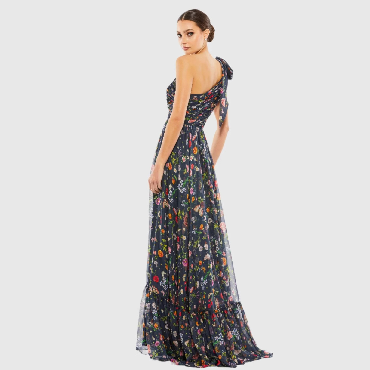 Women's One-Shoulder Asymmetric Midi Dress with Lining and Mesh Digital Print