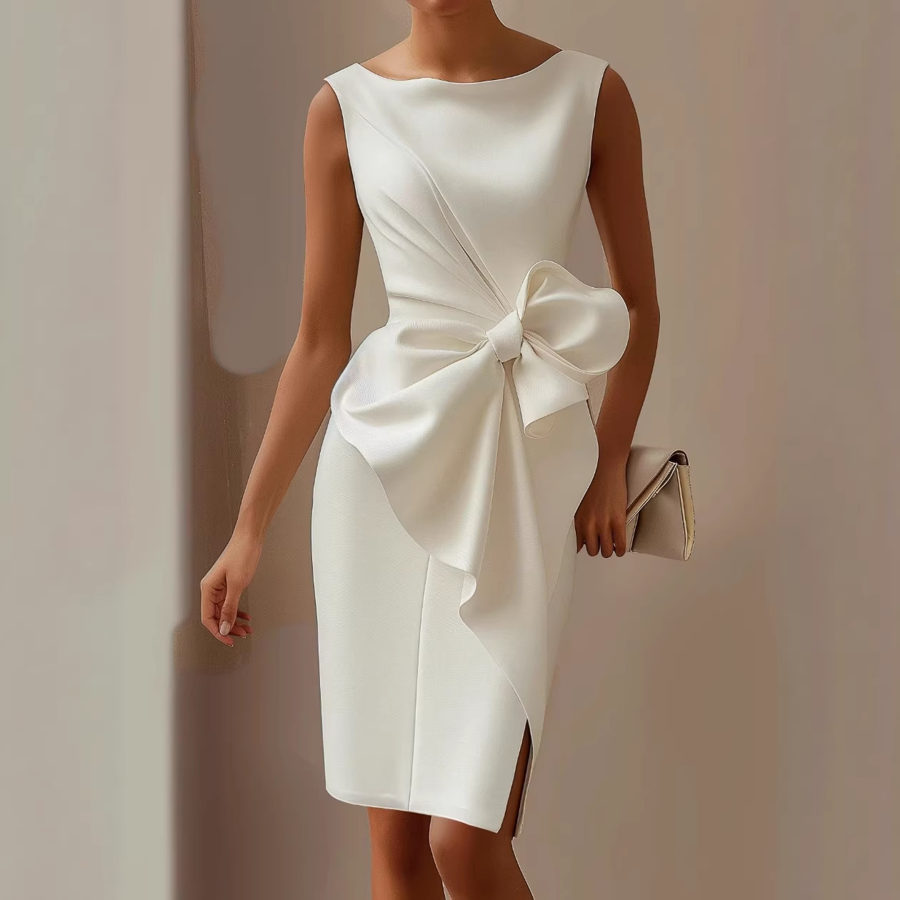 Solid Sleeveless Midi Dress with Bow