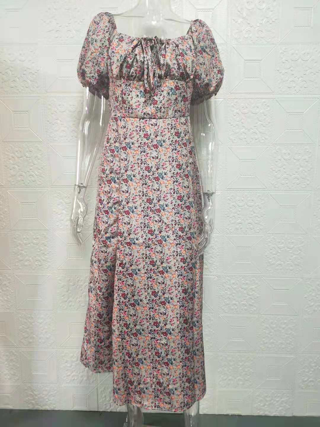 Floral Square-Neck Tie-Back Midi Dress with Slit and Ruching
