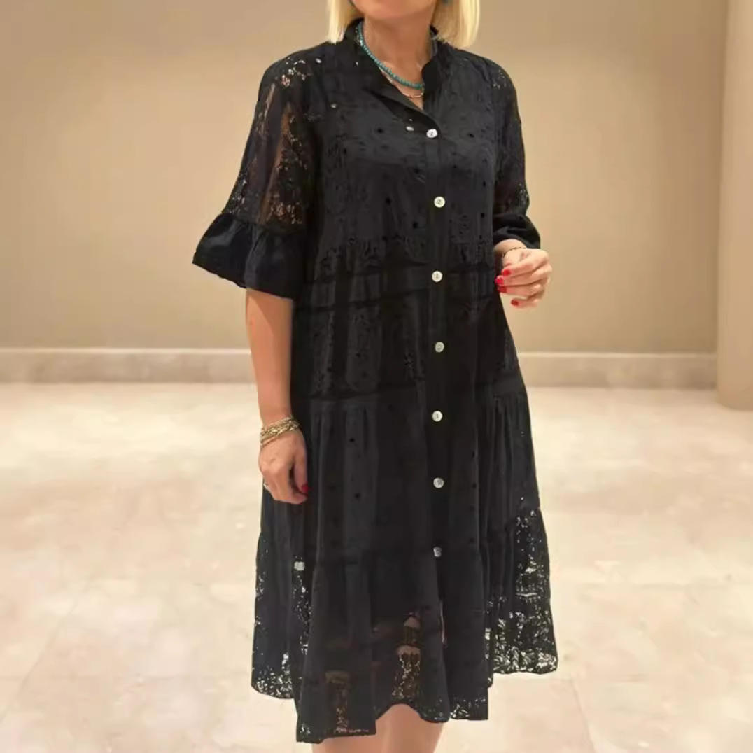 Women's Solid V-Neck Button Lace Panel Midi Dress