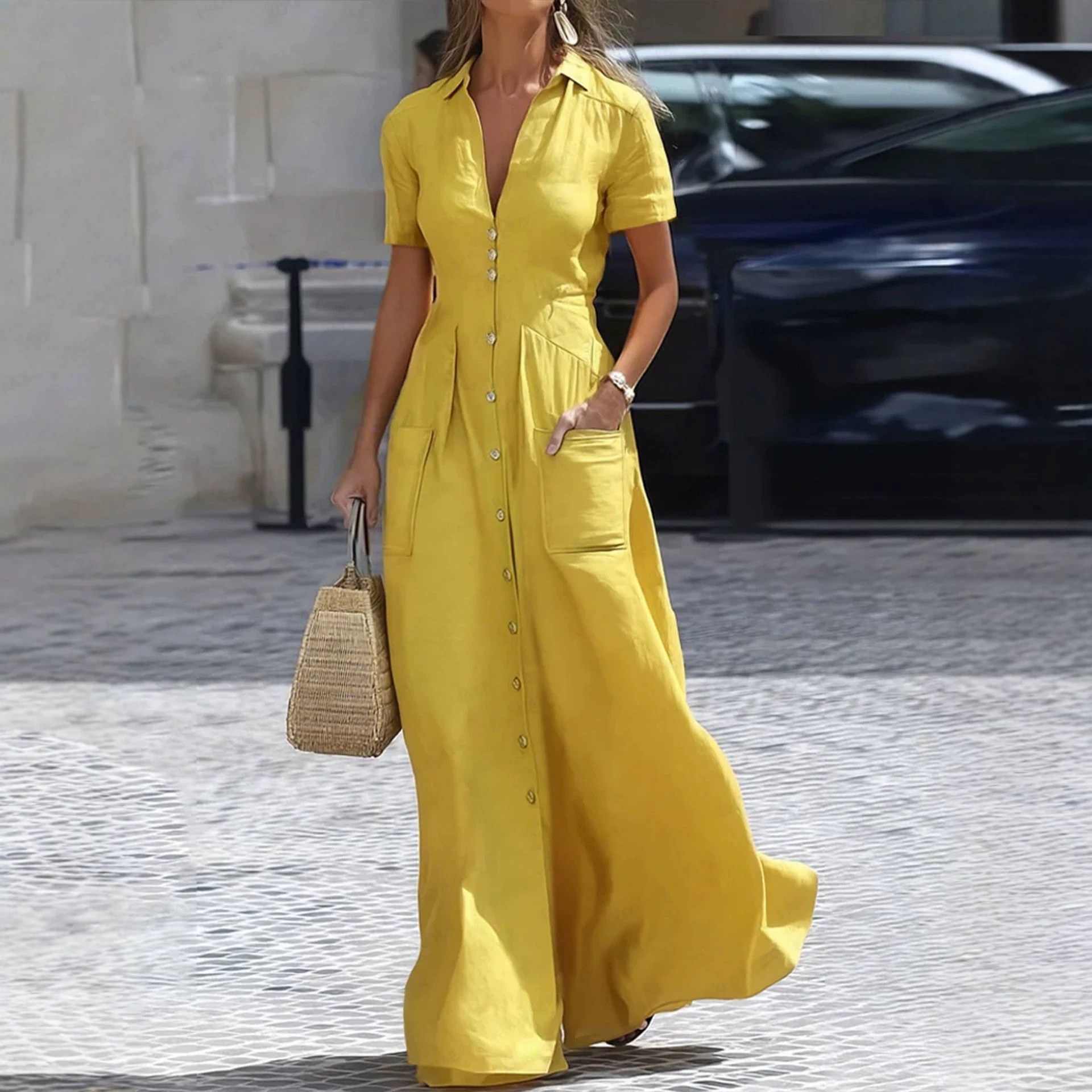 Elegant Collared Button-Front Long Shirt Dress