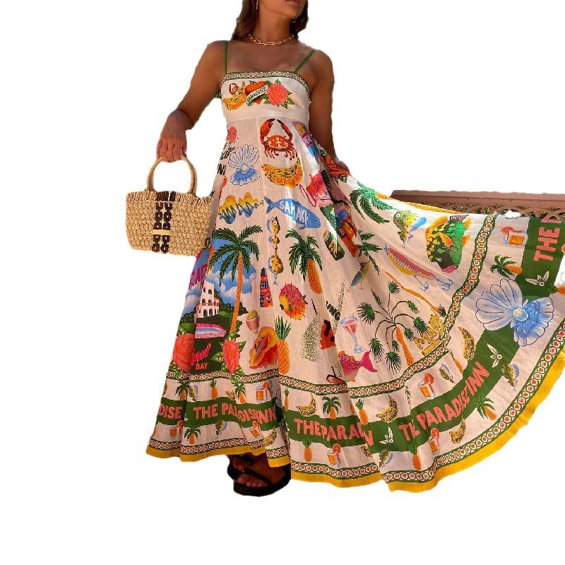 Women's Sleeveless Printed Linen Maxi Dress with Flowy Skirt