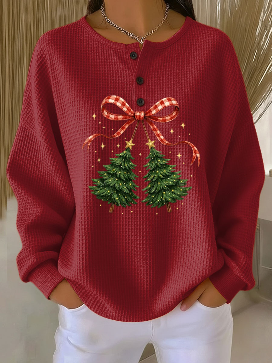 Women's 3D Print Waffle Knit Long Sleeve Polo Shirt