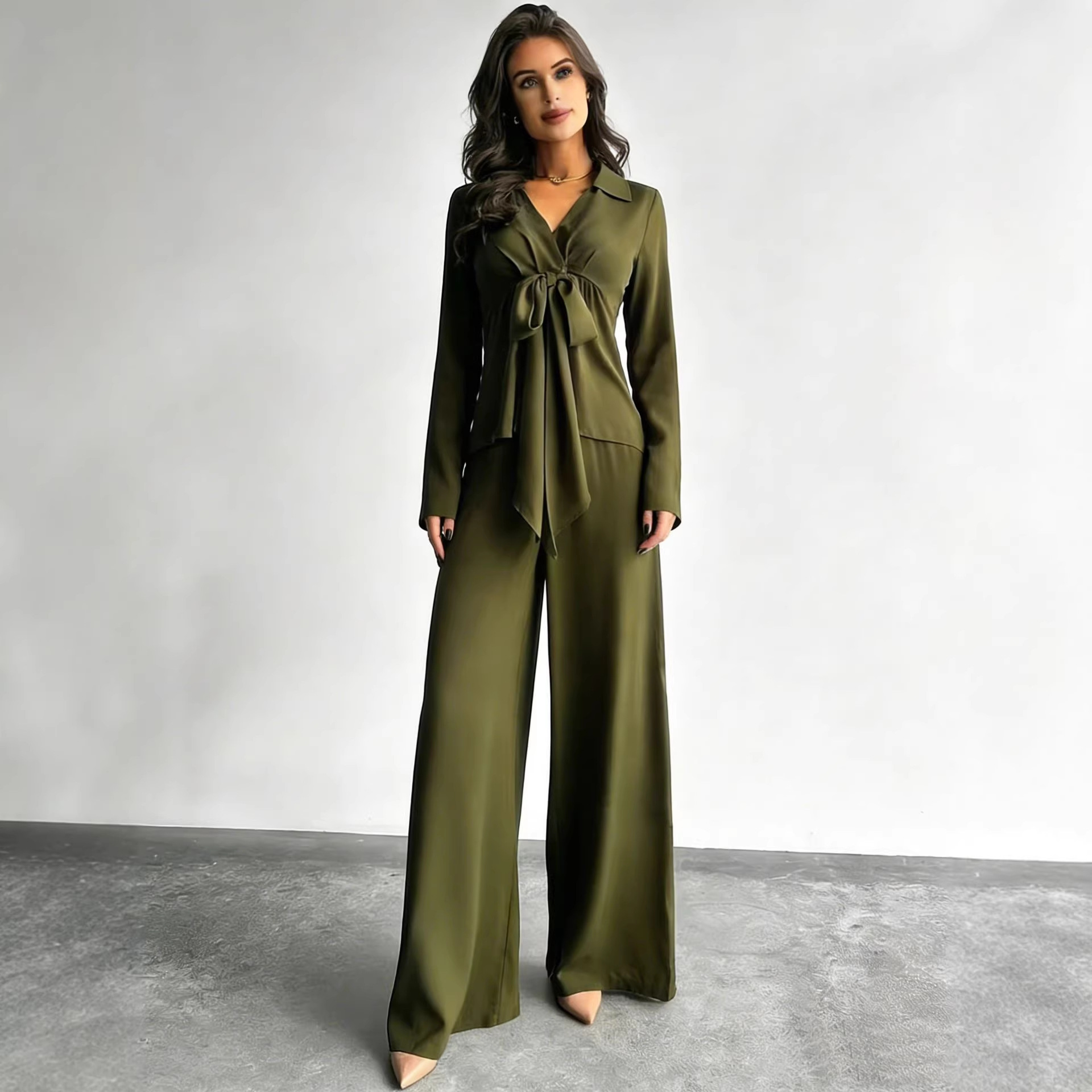 Women's Casual Two-Piece Set with Drawstring Top and Wide-Leg Pants