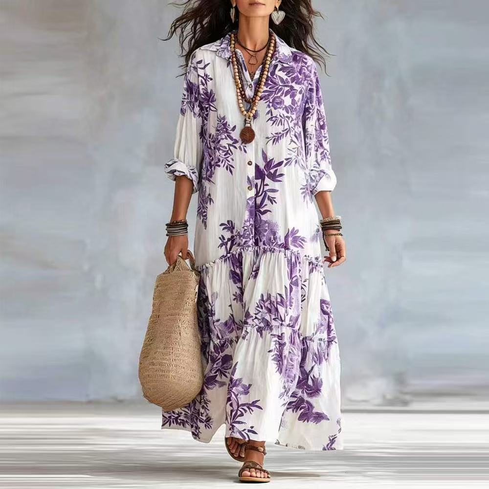 Women's Long Sleeve Collared Boho Floral Print Maxi Dress