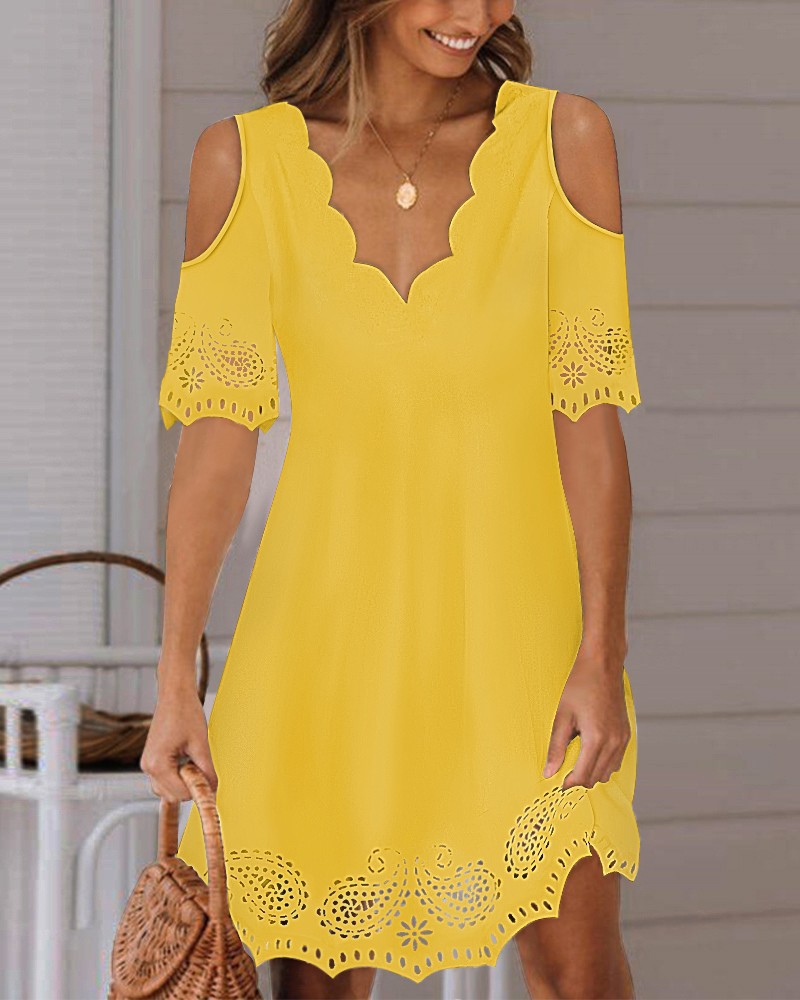 Lace V-Neck Short Sleeve Solid Color Midi Dress
