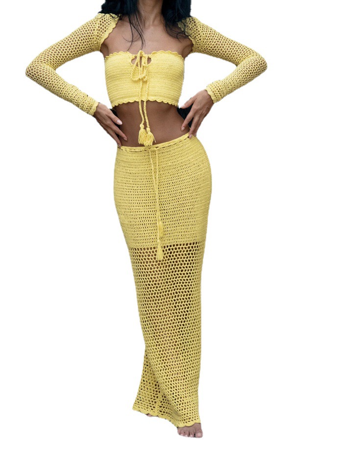 Women's Knit 3-Piece Set: Crop Top, Long-Sleeve Cardigan & Bodycon Midi Skirt